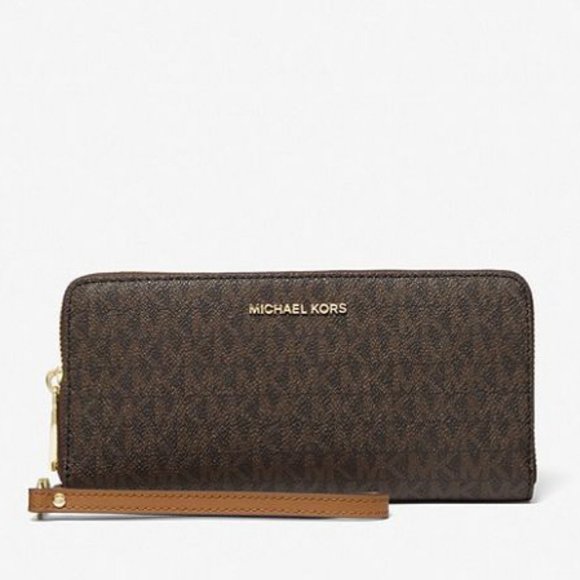 MICHAEL Michael Kors Handbags - MICHAEL KORS Large Logo Jet Set Travel Continental Wristlet Wallet Brown NWT